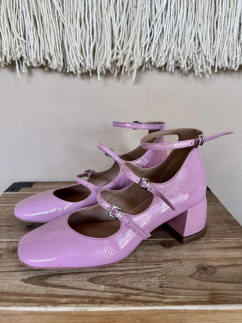 Anthropologie Vincenza Pink Patent Leather Triple Strap Mary Jane Block Heels 6
